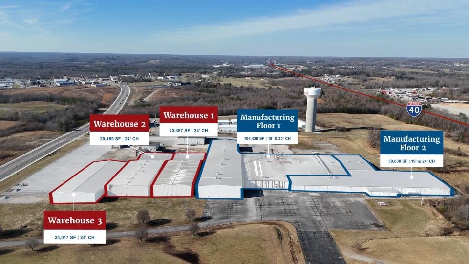 Aerial site plan of 656 Interstate Drive showing Warehouse 1, 2, 3 and Manufacturing Floor 1 and 2 with square footage labels